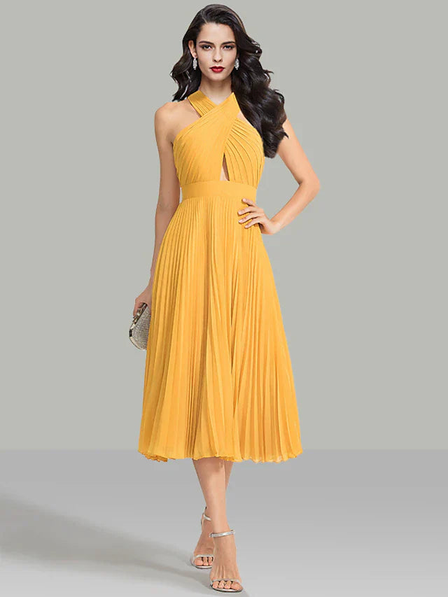 Cocktail Party Tea Length Sleeveless Halter Chiffon with Ruched