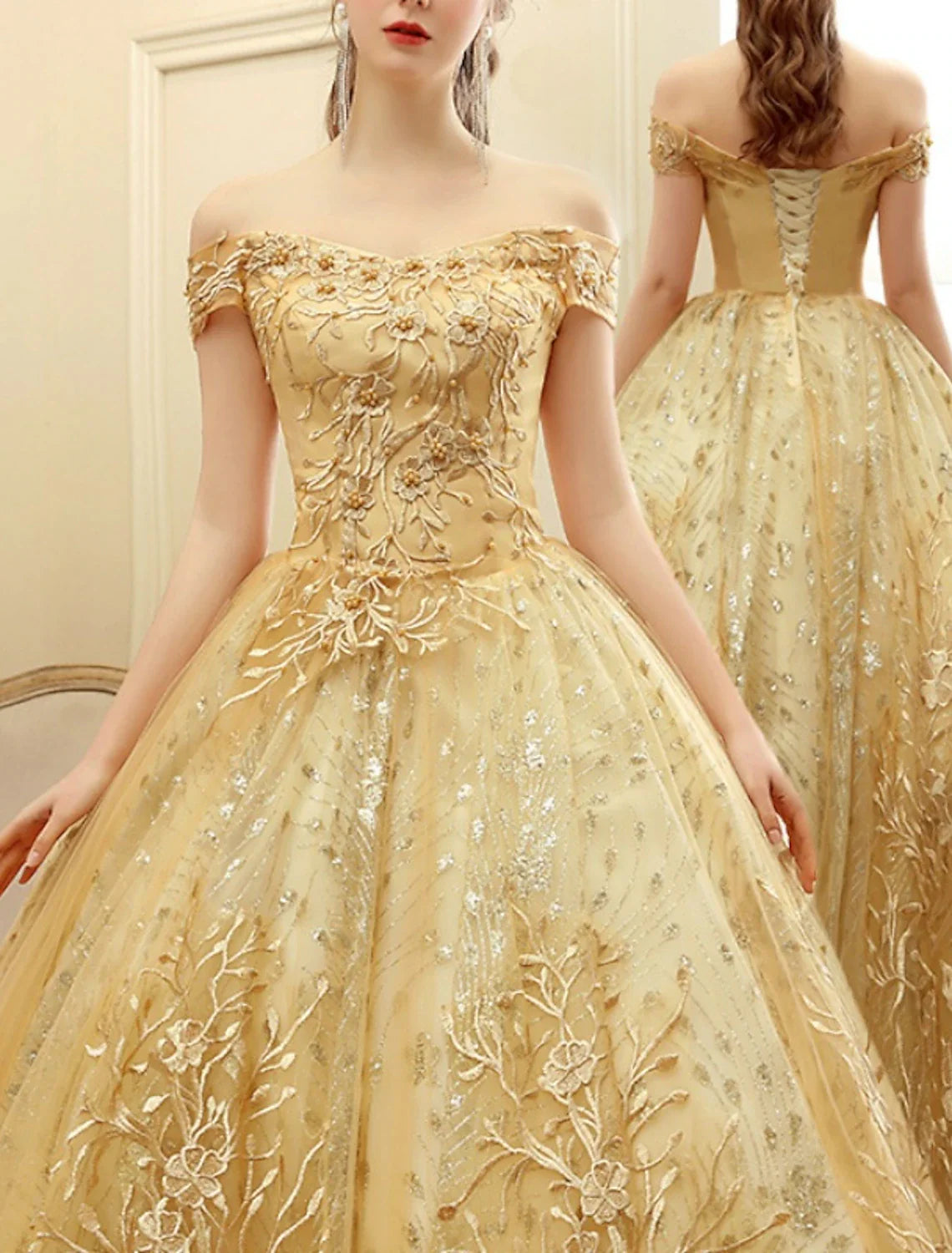 A-Line Prom Dresses Elegant Dress Formal Floor Length Short Sleeve Off Shoulder Tulle