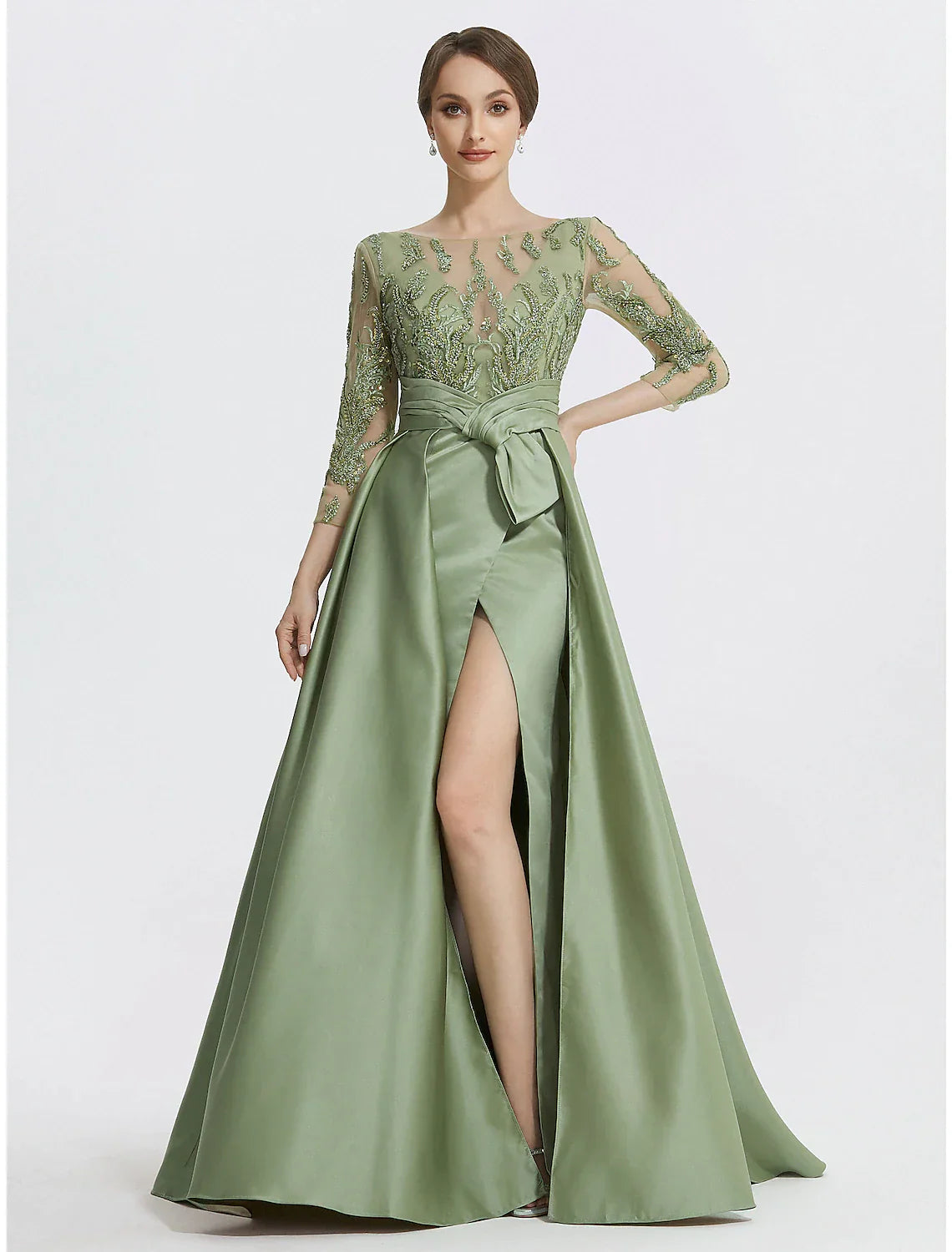 A-Line Evening Gown Elegant Dress Formal Floor Length 3/4 Length Sleeve Jewel Neck Satin