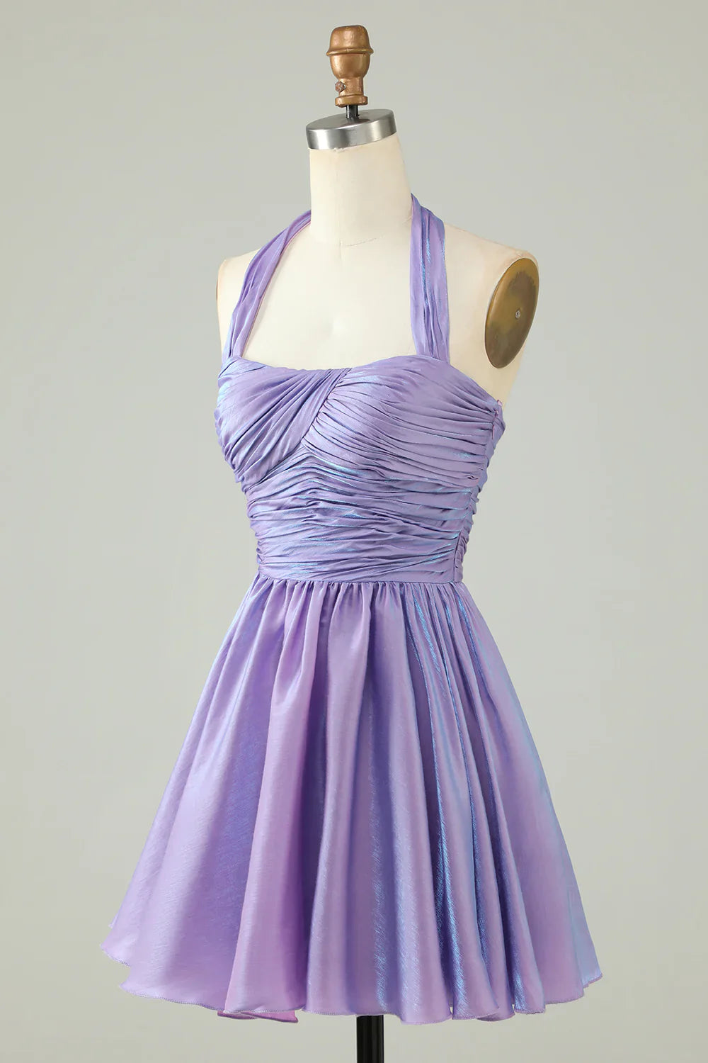 A-Line Satin Halter Purple Homecoming Dress With Pleated