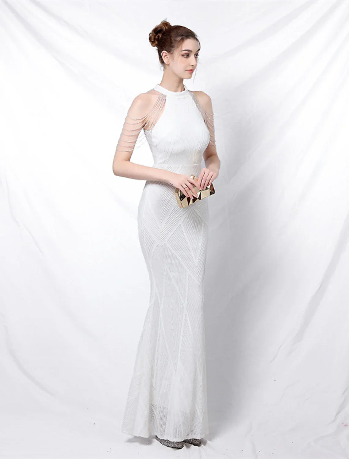 Evening Gown Sparkle & Shine Dress Formal Floor Length Short Sleeve High Neck Sequined Backless with Crystals Sequin