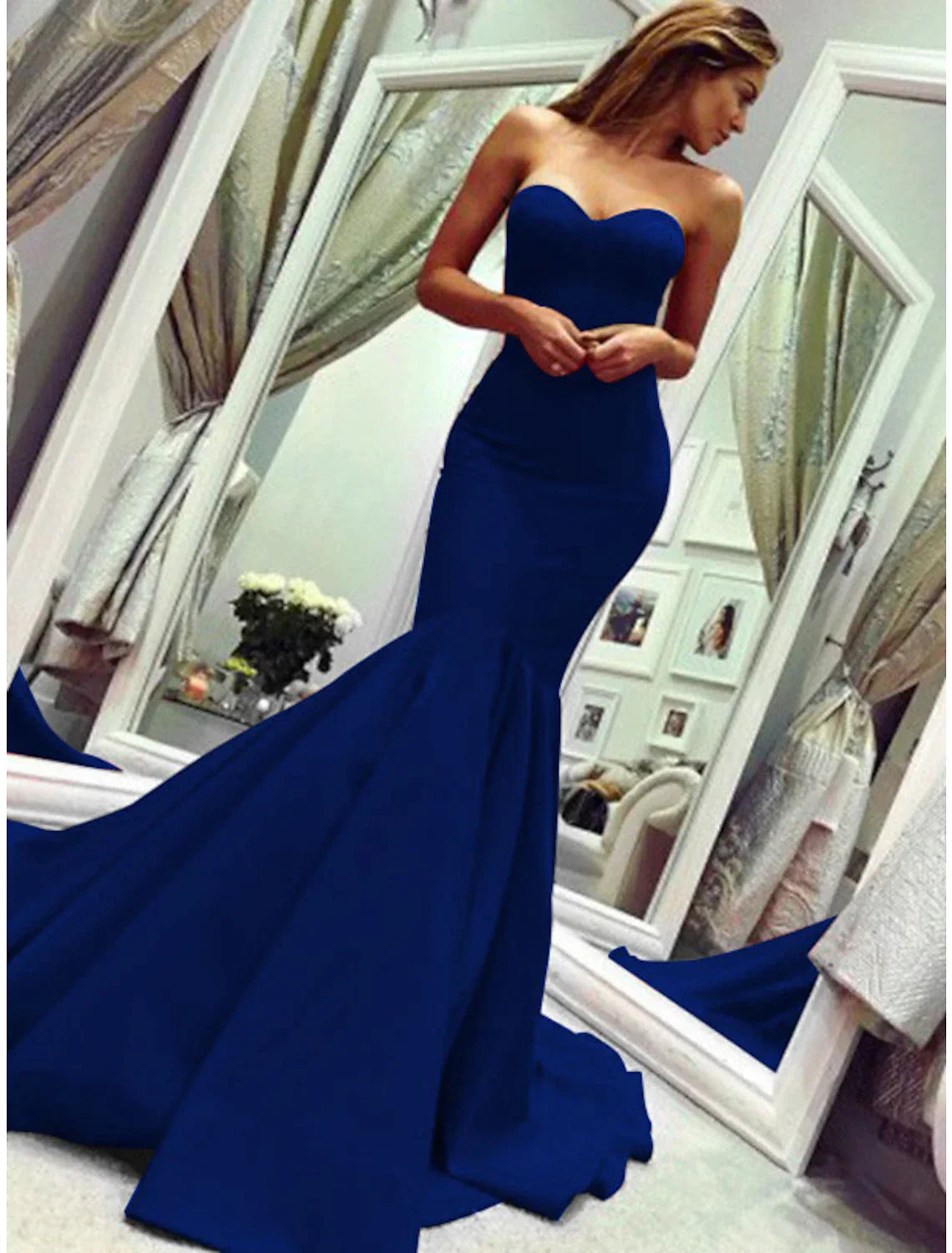 Mermaid Party Dress Minimalist Sexy Wedding Guest Formal Evening Valentine¡®s Day Dress Strapless Sleeveless Court Train with Pleats