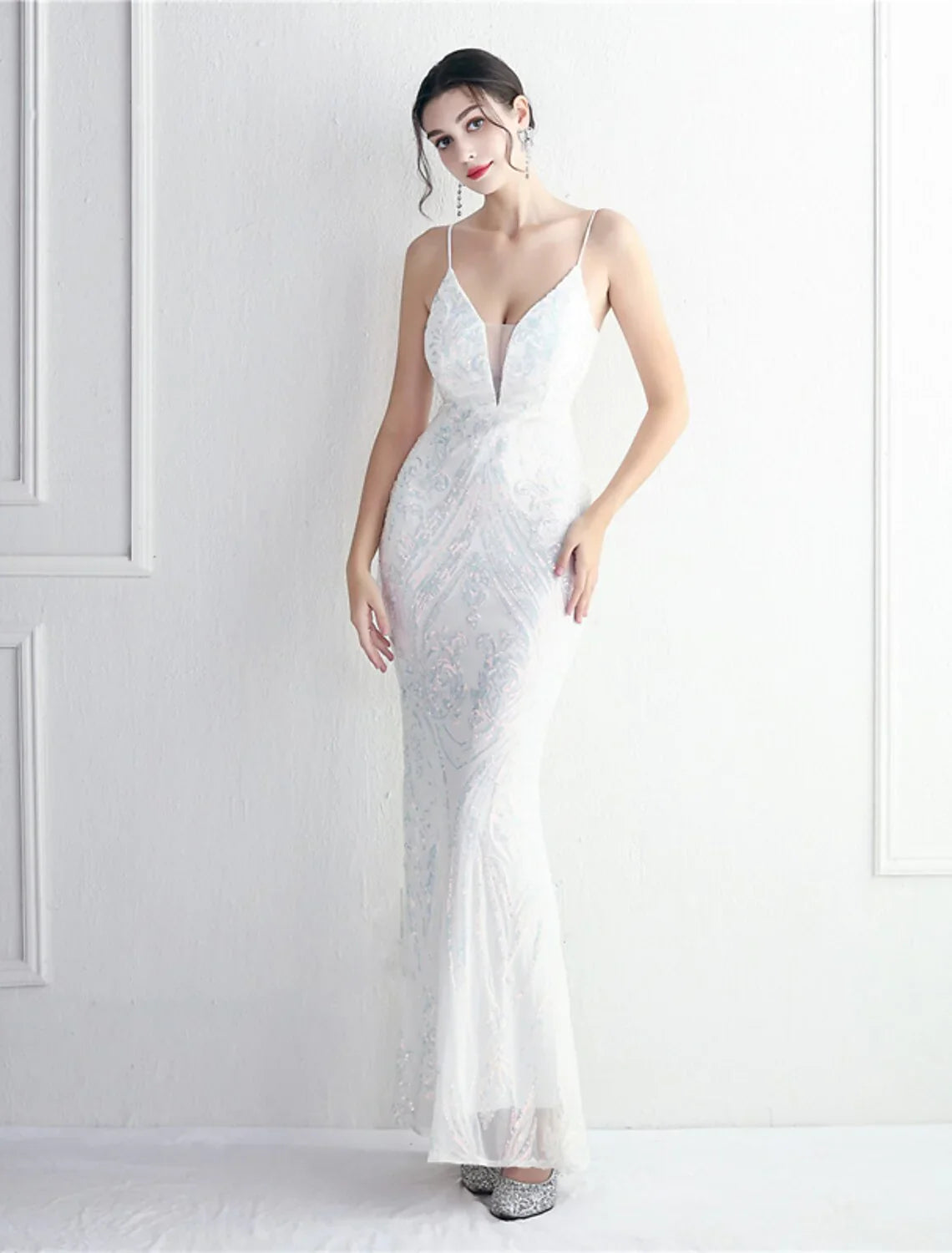 Evening Gown Sparkle & Shine Dress Formal Floor Length Sleeveless Spaghetti Strap Sequined with Sequin