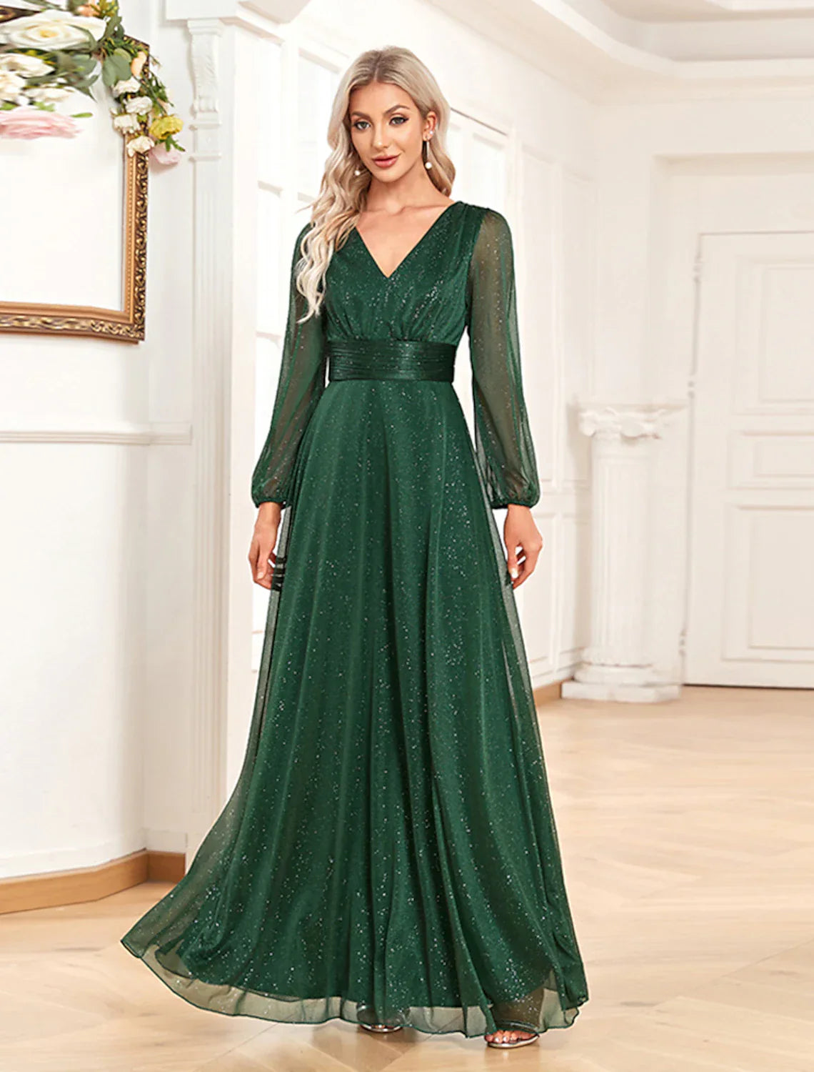Evening Gown Elegant Dress Formal Floor Length Long Sleeve V Neck Chiffon with Sequin