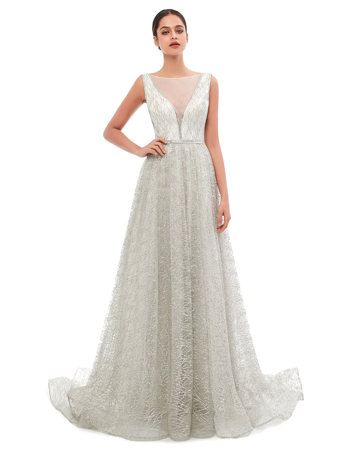 Evening Gown Vintage Dress Prom Court Train Sleeveless Illusion Neck Sequined with Sequin